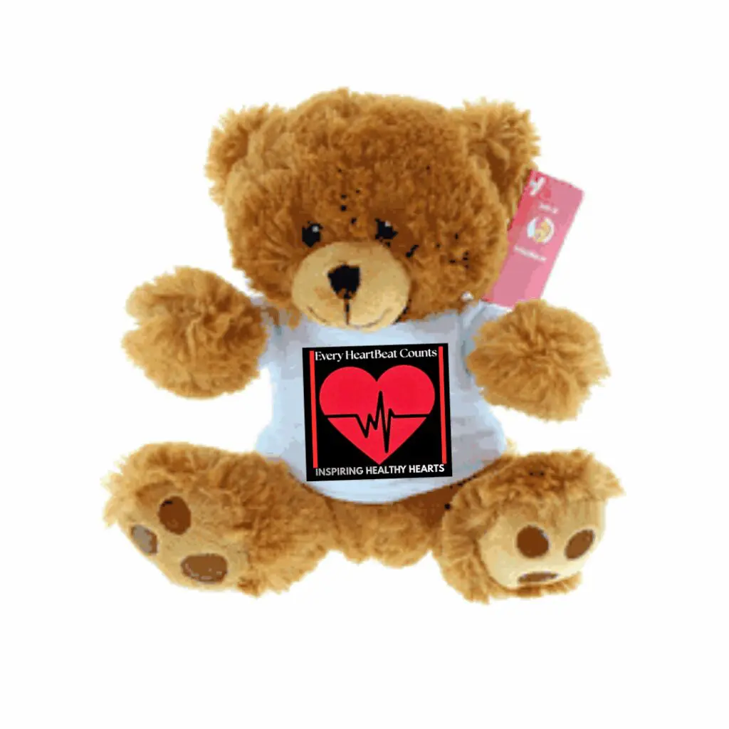 Teddy bear holding a heart-themed sign with a heartbeat graphic.