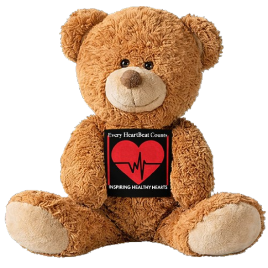 A teddy bear holding a heart health awareness sign.
