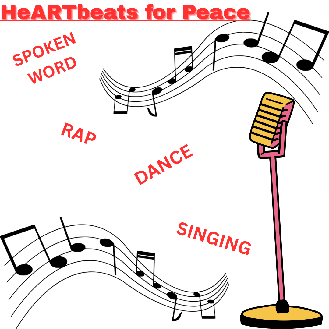 Microphone and musical notes promoting HeARTbeats for Peace with various art forms.